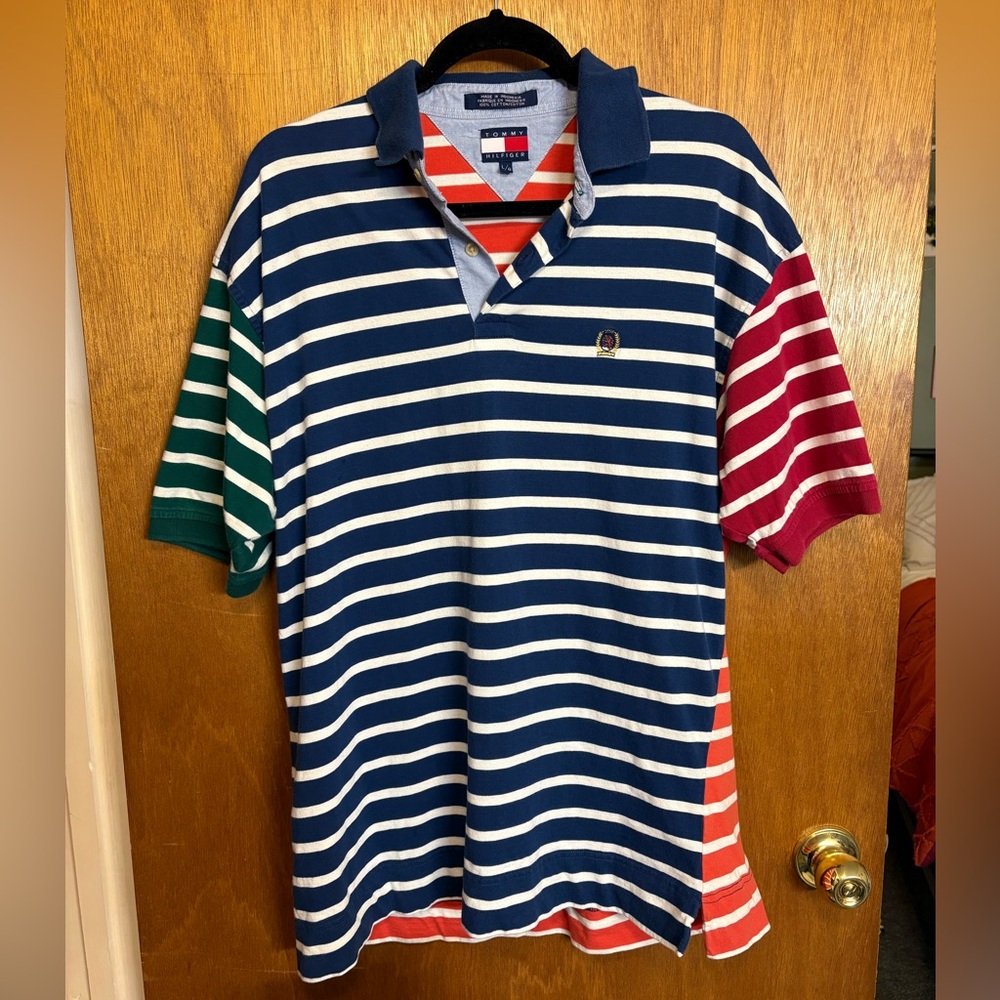 Tommy Hilfiger Navy & White Striped Polo with Red and Green Sleeve Panels